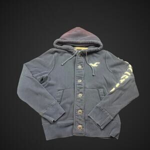 Hollister Y2K Hooded Sweatshirt Button Front Blue Logo Men’s L Embroidered